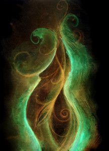 Artists rendition of a pregnant woman'ss body in browns & greens/swirls