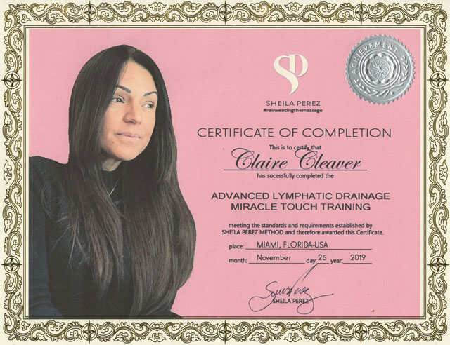 Sheila Perez Miracle Touch™Method Certificate of Completion by Claire Cleaver at The Healing Practice