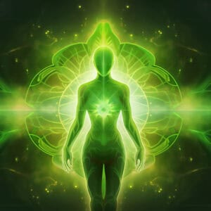 Green female graphic figure surrounded by green flower like imagery & energy emanating from her chest/ heart chakra,as a representation of source energy and togetherness for energy healing