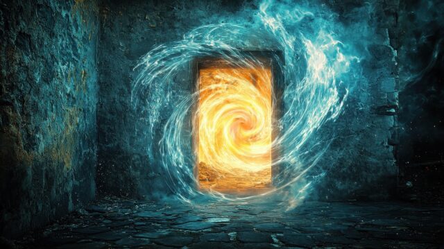 Image of an open doorway 'Portal' in a cave like room, with a bright fiery orange vortex/ swirl of energy coming through it. Eneregy healing channels many sources at The Healing Practice.